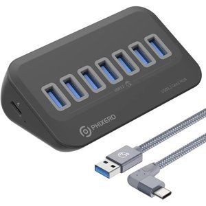 7 Ports USB 3.0 Hub, 5Gbps USB Port Hub w/ a 3.3ft USB A to C Right Angle Cable